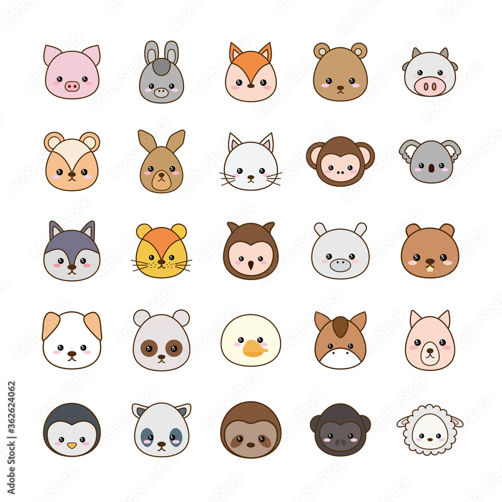 Cute cartoons line and fill style icon set design, Kawaii animals zoo life nature and character theme Vector illustration Cute cartoons line and fill style icon set design, Kawaii animals zoo life nature and character theme Vector illustration