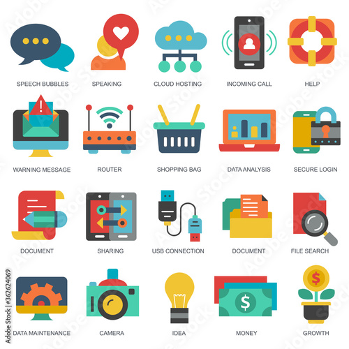 Business and marketing, programming, data management, internet connection, social network, computing, information. Flat vector illustration 
