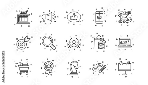 Strategy, Feedback and Advertising agency. Marketing, research line icons. Business strategy linear icon set. Geometric elements. Quality signs set. Vector