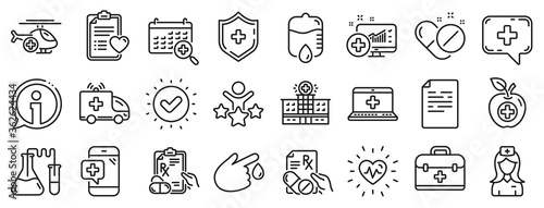 Hospital assistance, Ambulance, Health food diet, Laboratory tubes icons. Medical rx line icons. First aid kit, Medical doctor, Prescription Rx recipe. Drop counter, Ambulance emergency car. Vector