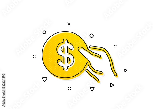 Banking currency sign. Hold Coin icon. Dollar or USD symbol. Yellow circles pattern. Classic payment icon. Geometric elements. Vector