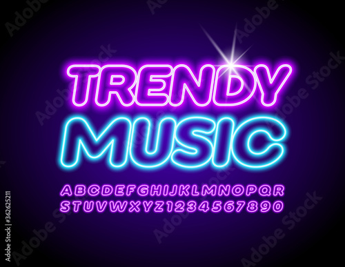 Vector glowing poster Trendy Music with Violet Neon Font. Electric Alphabet Letters and Numbers
