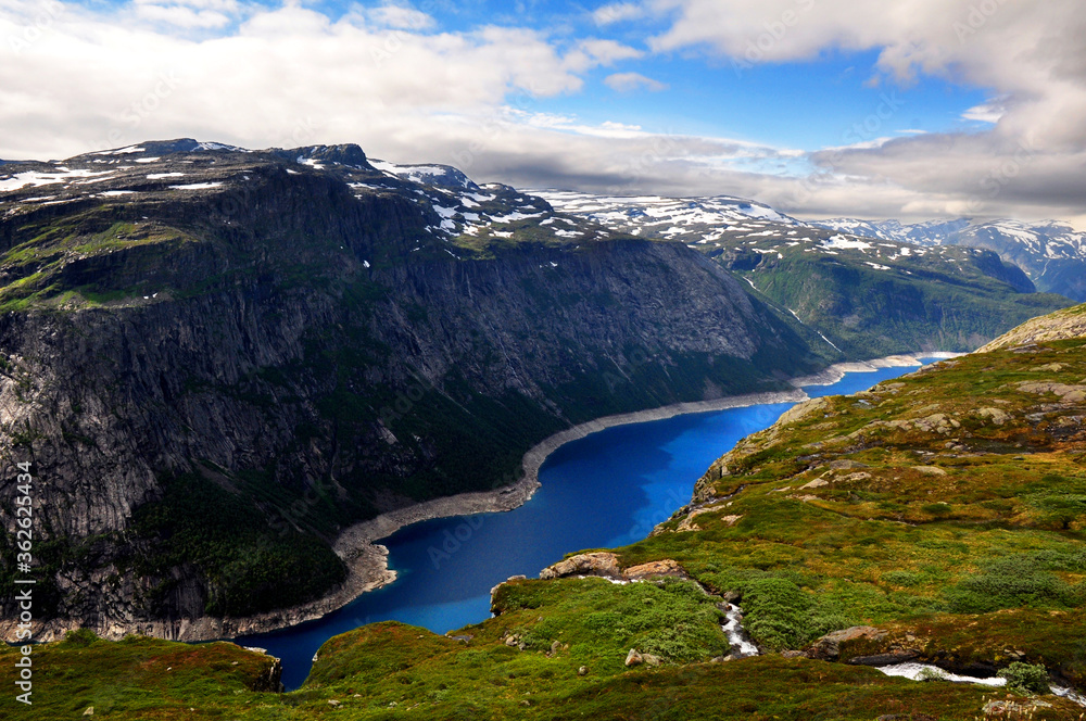 Lake in the mountains on the way to Trolltunga, Norway.