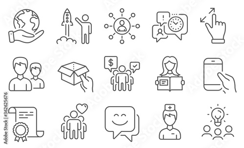 Set of People icons, such as Doctor, Hold box. Diploma, ideas, save planet. Smile face, Touchscreen gesture, Woman read. Launch project, Hold smartphone, Couple. Vector
