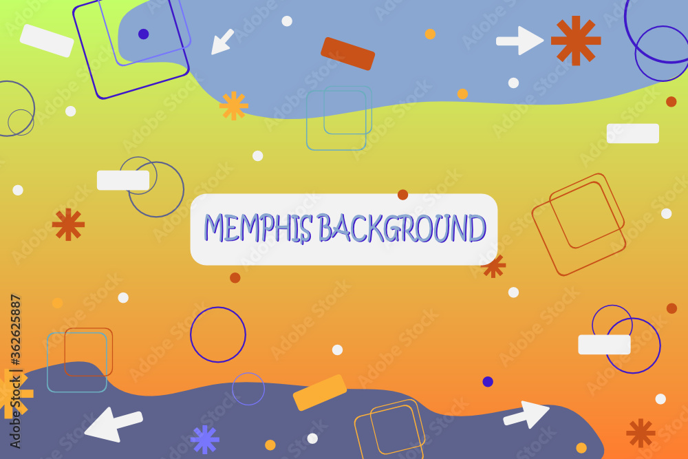 Fototapeta premium Memphis style background with very bright and rich colors: blue, orange, yellow with elements of arrows, circles and squares.
