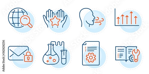 Ranking, Internet search and Technical documentation signs. Growth chart, Breathing exercise and Secure mail line icons set. Chemistry lab, Engineering documentation symbols. Outline icons set. Vector