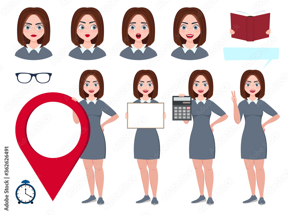 cute girl, office worker holds different items. vector.