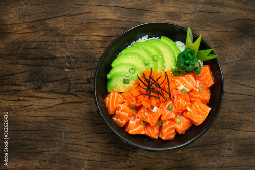 Salmon Poke Bowl with Avocado Slice Healthy Food Hawaii Poke don style combination Japanese food