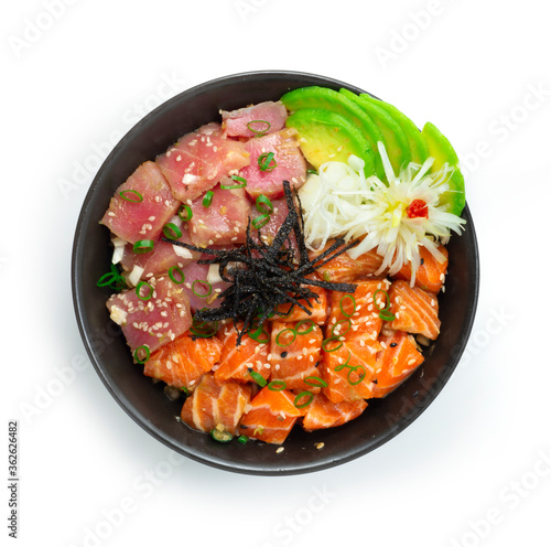 Salmon Poke Bowl with Tuna ingredients Ahi shoyu,Vinegar, sesame, onion Healthy Food