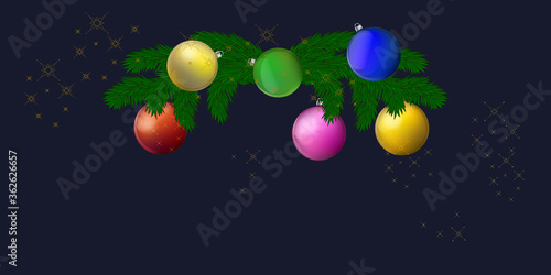Christmas garland, bright balls - dark blue background - vector. Banner. Christmas decoration. Winter holidays