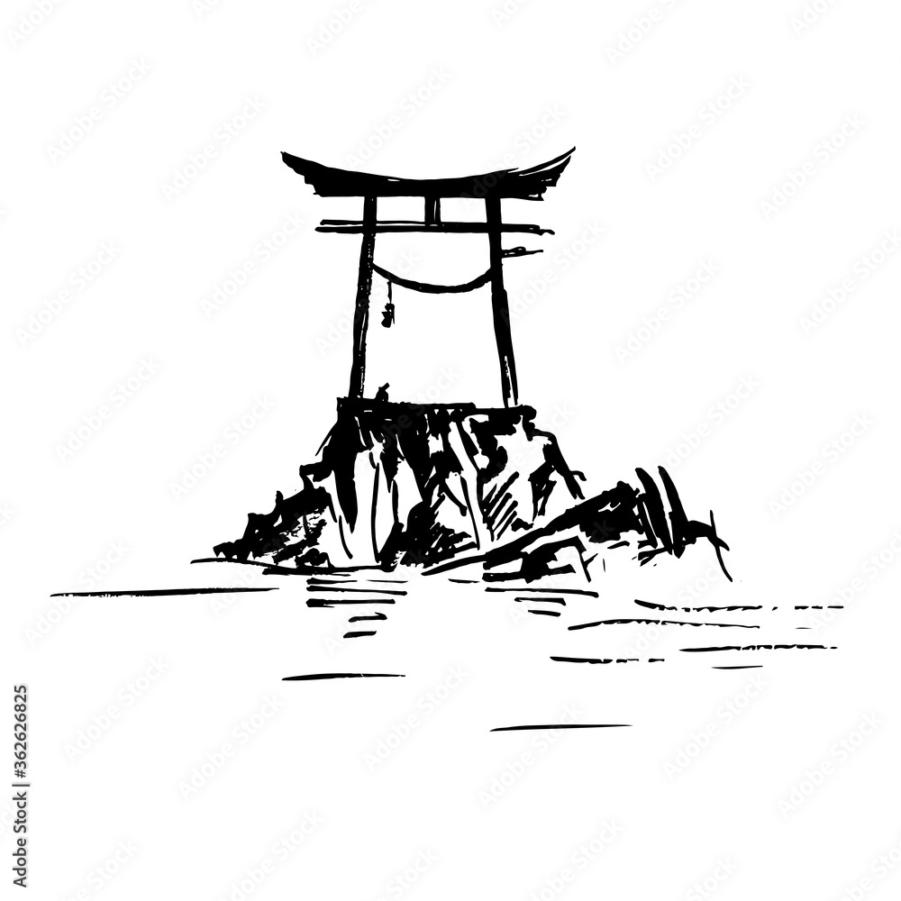 Naklejka premium Torii gate on the lake. Ink illustration.