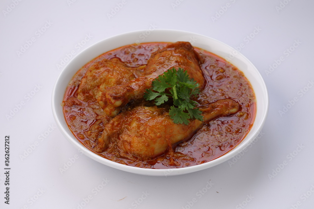 Chicken curry or masala,arranged in awhite bowl with white background Chicken curry or masala,arranged in awhite bowl with white background