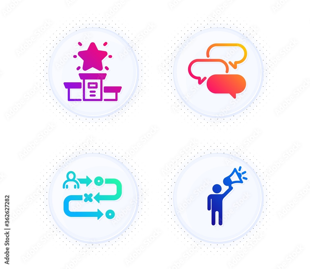 Winner podium, Journey path and Talk bubble icons simple set. Button with halftone dots. Brand ambassador sign. First place, Project process, Chat message. Megaphone. Technology set. Vector Winner podium, Journey path and Talk bubble icons simple set. Button with halftone dots. Brand ambassador sign. First place, Project process, Chat message. Megaphone. Technology set. Vector