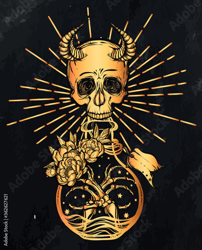 Vector illustration. bottle of potion,skull with horns, mysticism, background chalkboard, gold color. Handmade, prints on T-shirts