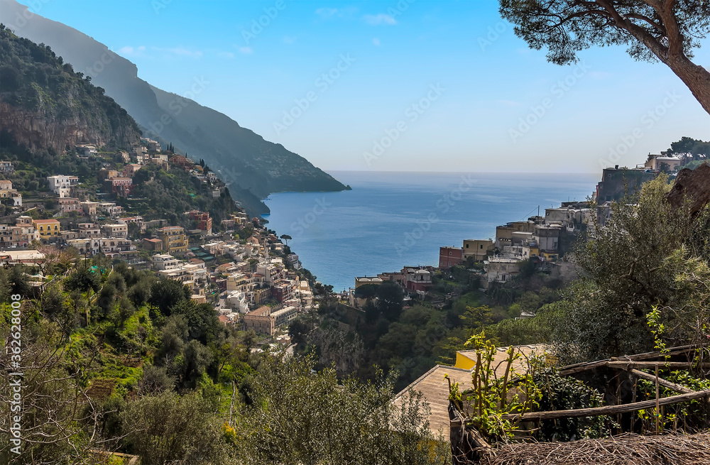 A view from the coast road down towards the cliffside village of Positano on the Amalfi coast, Italy
