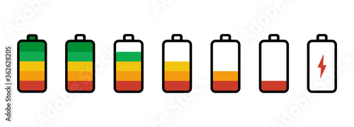 Icon set. Battery Level Green, yellow, red colors.