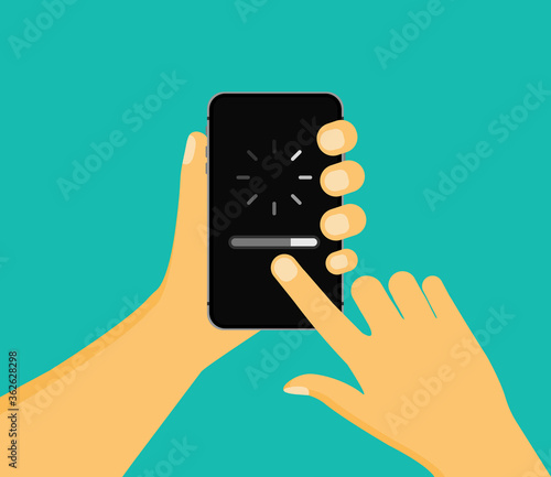 A man holds a smartphone in his left hand, and the finger of his right hand touches the screen. Click on download
