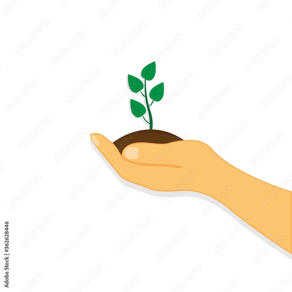 Green seedling in the hand. Planting a green sprout. Ecology illustration. Green seedling in the hand. Planting a green sprout. Ecology illustration.