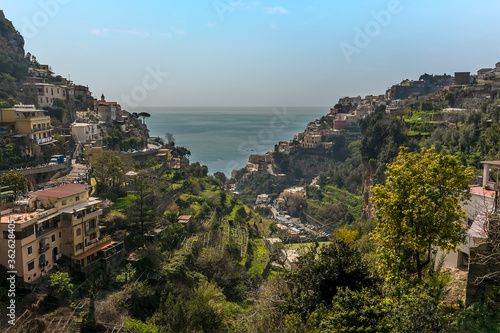 A glimpse of the sea through the V-shaped ravine at Positano on the Amalfi coast, Italy