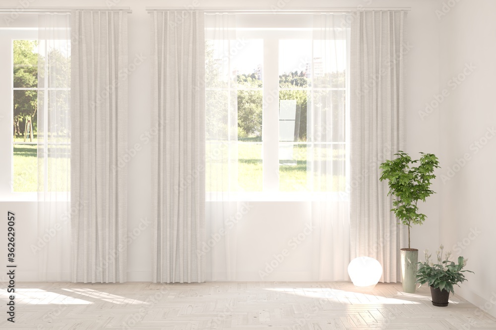 White empty room with summer landscape in window. Scandinavian interior design. 3D illustration White empty room with summer landscape in window. Scandinavian interior design. 3D illustration
