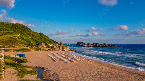 aerial photo of beach in the morning