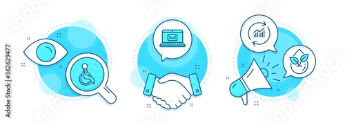 Organic product, E-mail and Update data line icons set. Handshake deal, research and promotion complex icons. Disabled sign. Leaf, New message, Sales statistics. Handicapped wheelchair. Vector