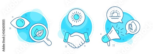 Sunset, Leaf and Sun line icons set. Handshake deal, research and promotion complex icons. No alcohol sign. Sunny weather, Nature leaves, Summer. Mineral oil. Nature set. Vector