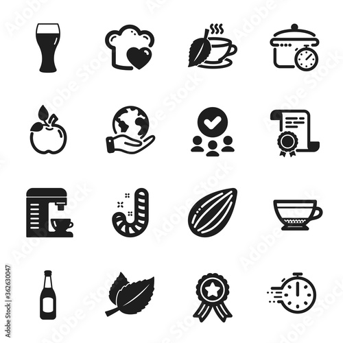 Set of Food and drink icons, such as Cooking timer, Boiling pan. Certificate, approved group, save planet. Love cooking, Candy, Coffee machine. Beer, Almond nut, Mint leaves. Vector