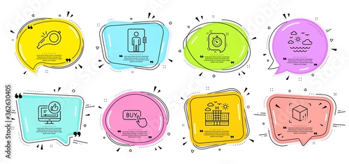 Hotel, Whistle and Elevator signs. Speech bubbles with quotes. Travel sea, Augmented reality and Like video line icons set. Buy button, Timer symbols. Summer holidays, Virtual reality. Vector