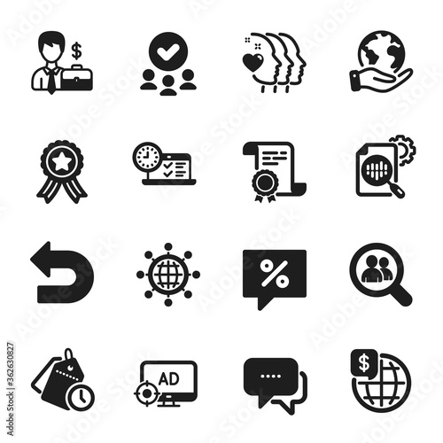 Set of Business icons, such as Search employees, Discount message. Certificate, approved group, save planet. Friends couple, Businessman case, Message. Vector © blankstock