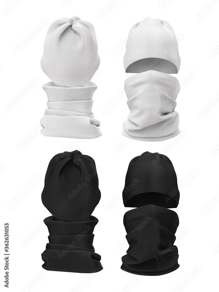 How to wear a buff. Buff on the head and face. 3d realistic render of