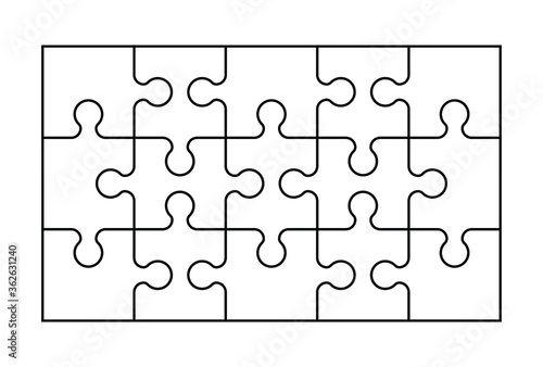 Set of fifteen puzzle pieces. Puzzle with different types of details and the ability to move each part. Black and white vector illustration