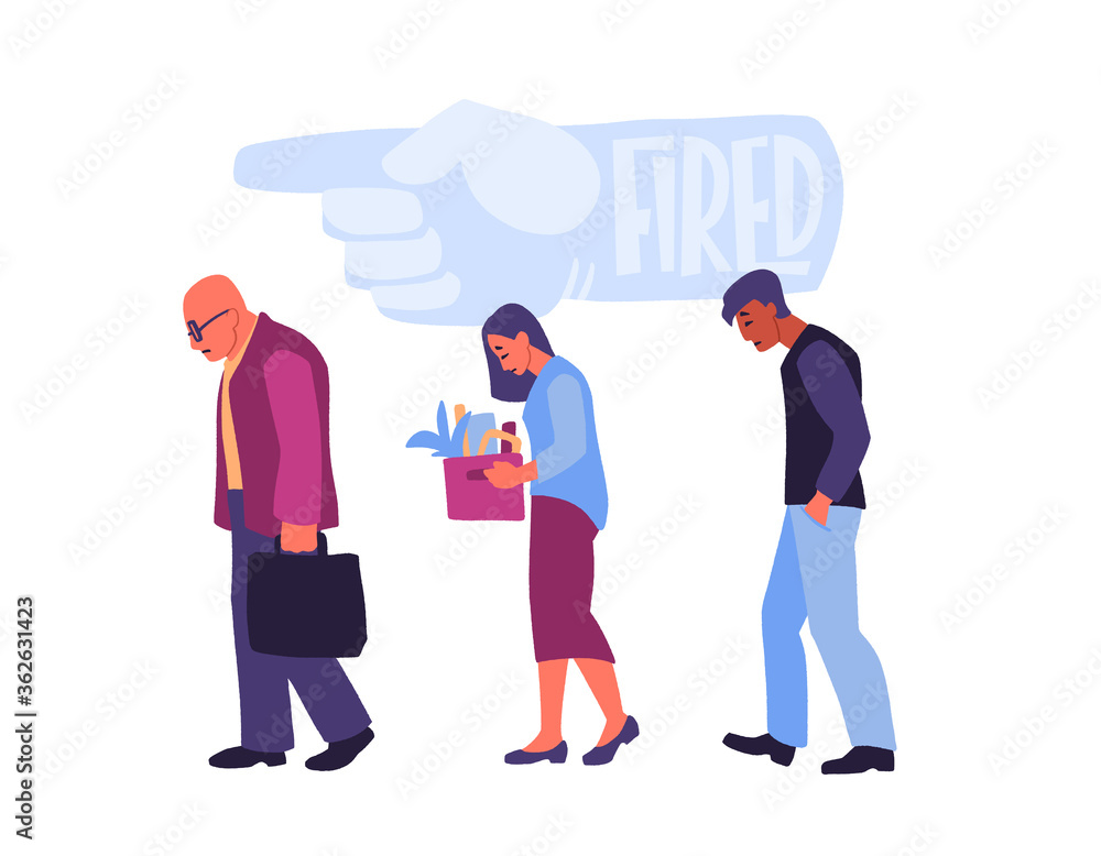 Dismissed employees. Fired sad cartoon characters carrying box with they things. Dismissed employees. Fired sad cartoon characters carrying box with they things.