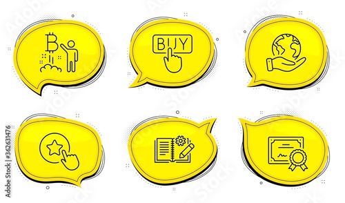 Buying sign. Diploma certificate, save planet chat bubbles. Engineering documentation, Loyalty star and Bitcoin project line icons set. Manual, Bonus reward, Cryptocurrency startup. Vector