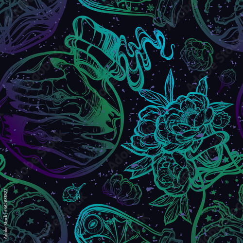Vector illustration. different bottles of potions, mysticism, tattoos. Handmade, prints on T-shirts, background dark blue, seamless pattern, purple green blue color