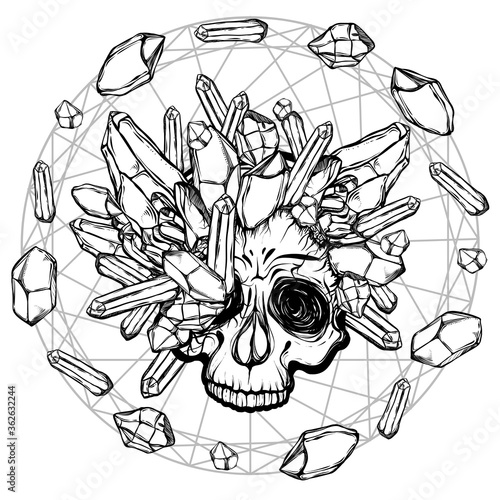 Vector illustration. skull with crystals, sacred geometry, mysticism, tattoos. Handmade, prints on T-shirts, background white