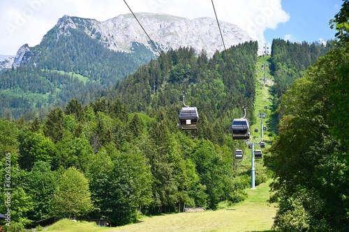 Gondola cable car way to mountains. 