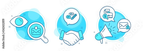 Secure mail, Incoming mail and Accounting report line icons set. Handshake deal, research and promotion complex icons. Keywords sign. Private e-mail, Download message, Financial case. Vector