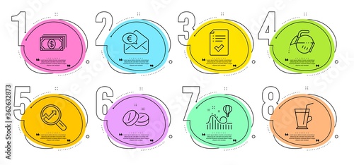Coffee pot, Coffee cup and Medical tablet signs. Timeline steps infographic. Roller coaster, Payment and Euro money line icons set. Approved checklist, Analytics symbols. Vector