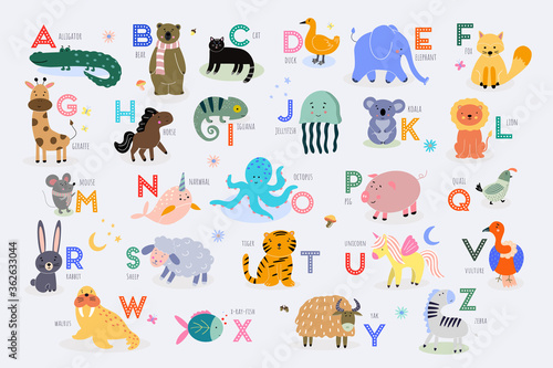 Fototapeta Naklejka Na Ścianę i Meble -  Vector poster with letters of the English alphabet with cute animals for children on a neutral background.