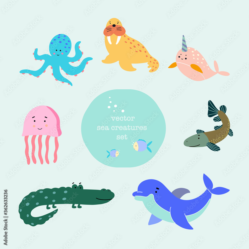 Obraz premium Sea creatures - octopus, walrus, narwhal, jellyfish, pike, crocodile, dolphin. Vector set