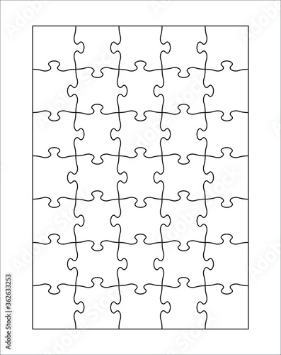 Set of thirty five puzzle pieces. Puzzle with different types of details and the ability to move each part. Black and white vector illustration.