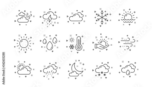 Cloudy sky, winter snowflake, thermometer. Weather and forecast line icons. Moon night, rain and sunset icons. Weather temperature, meteorology forecast. Linear set. Geometric elements. Vector