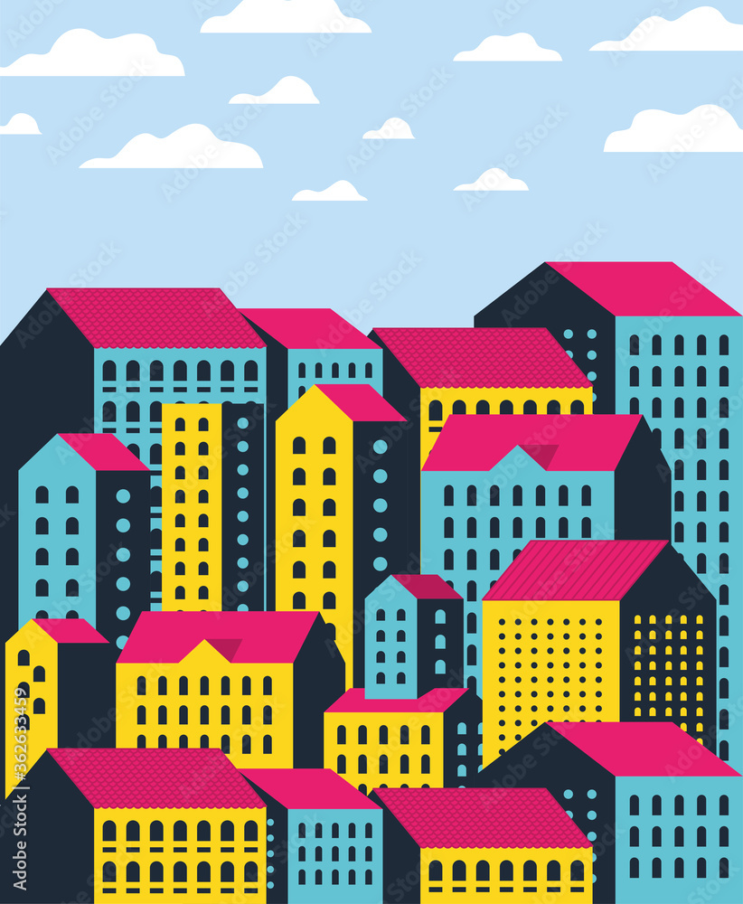 Yellow blue and pink city buildings landscape with clouds design, Abstract geometric architecture and urban theme Vector illustration