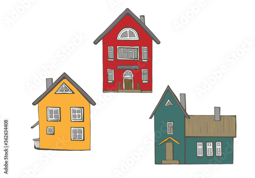 Set of bright colorful facades of scandinavia houses for concept design. Hand drawn vector illustration isolated on white background. Nordic style, village, cityscape.