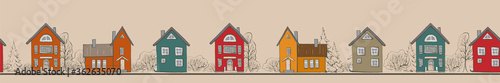 Seamless bright color scandinavia house fasades street on white background with graphic trees. Graphic cityscape border horizontal. Hand drawn vector illustration isolated. Nordic style.