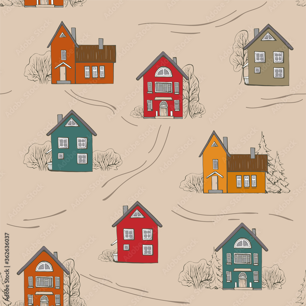 Cute color scandinavia europe cityscape pattern on beige background. Simple vector pattern. Texture with cityscape, house, cottage, roads and trees in northern style for fabric design. Cute color scandinavia europe cityscape pattern on beige background. Simple vector pattern. Texture with cityscape, house, cottage, roads and trees in northern style for fabric design.
