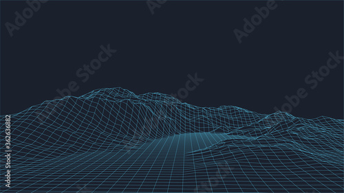Abstract digital landscape. 3d futuristic vector illustration Wireframe landscape background. Mesh structure.