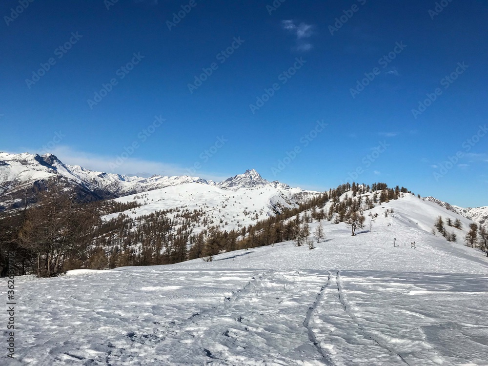 Mountain landscape with lots of snow, Valle Maira, Piedmont - Italy