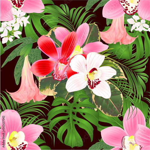 Fototapeta Naklejka Na Ścianę i Meble -  Seamless texture with tropical flowers  floral arrangement, with beautiful various orchids cymbidium, palm,philodendron and Brugmansia  vintage vector illustration  editable hand draw